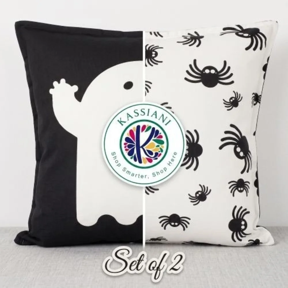IKEA KUSTFYR Halloween Ghost Spiders Cushion Covers 20x20 Reversible Cotton Set2